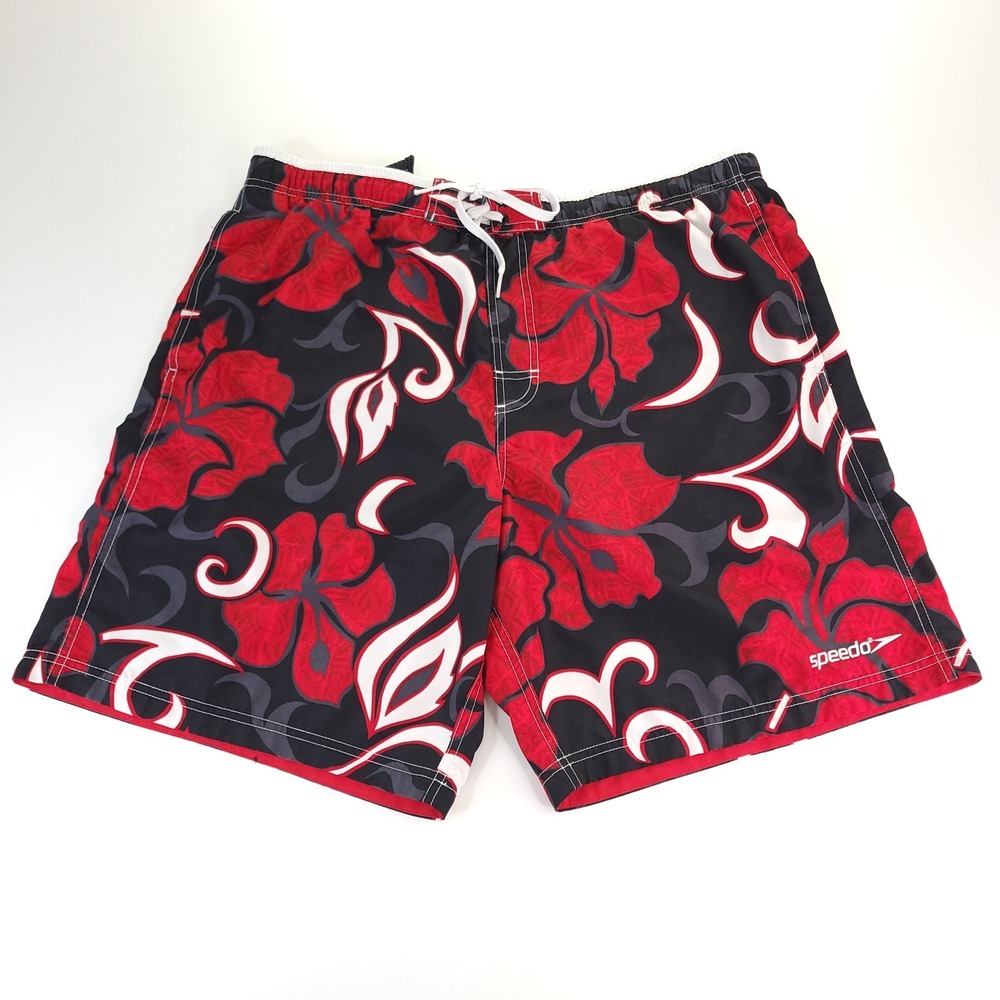 Speedo Shorts Mens Large Black Red Floral Geometric Swim Trunks Board Mesh Lined